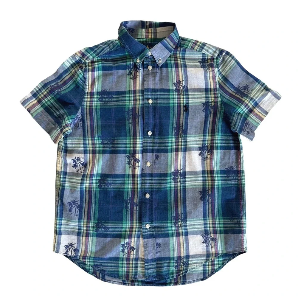 Ralph Lauren Boy Large 14-16 Plaid Palm Tree Short Sleeve Button Down Shirt Blue